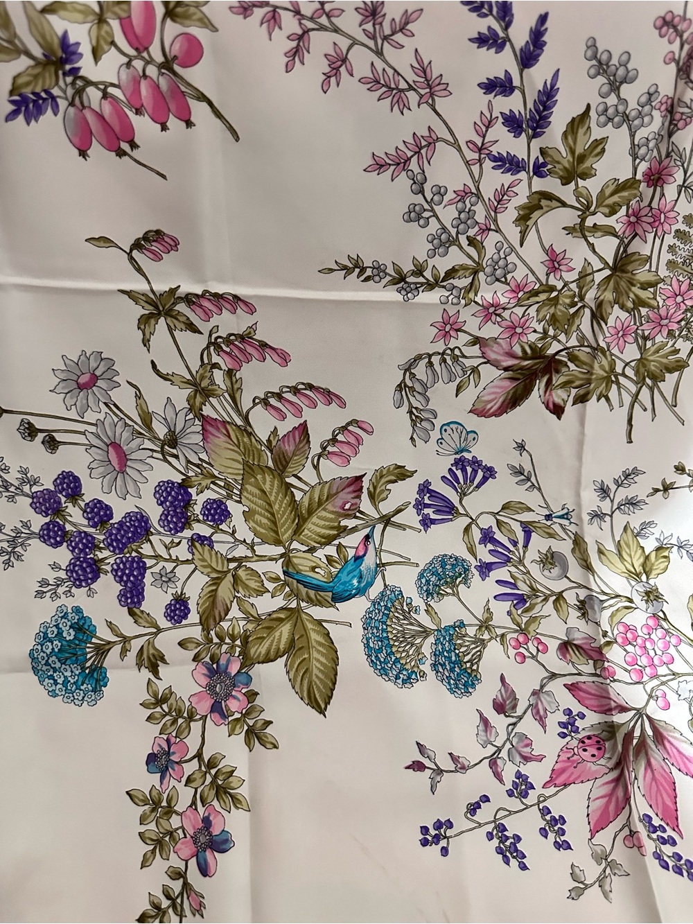 Dior Floral Silk Scarf in White with Pink, Purple, Blue and Green Accents - Picture 2 of 5